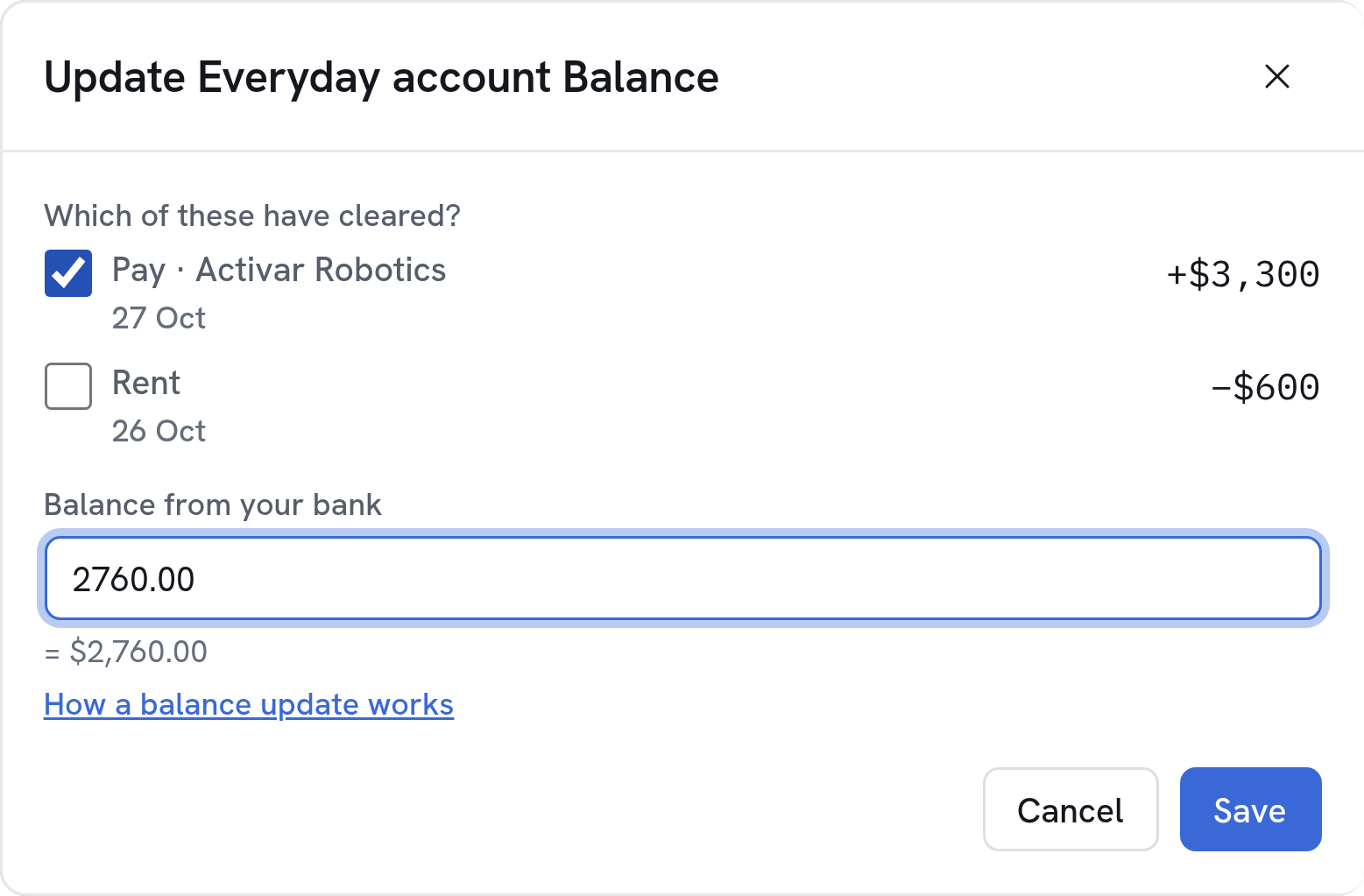 Updating an account balance with a single tap
